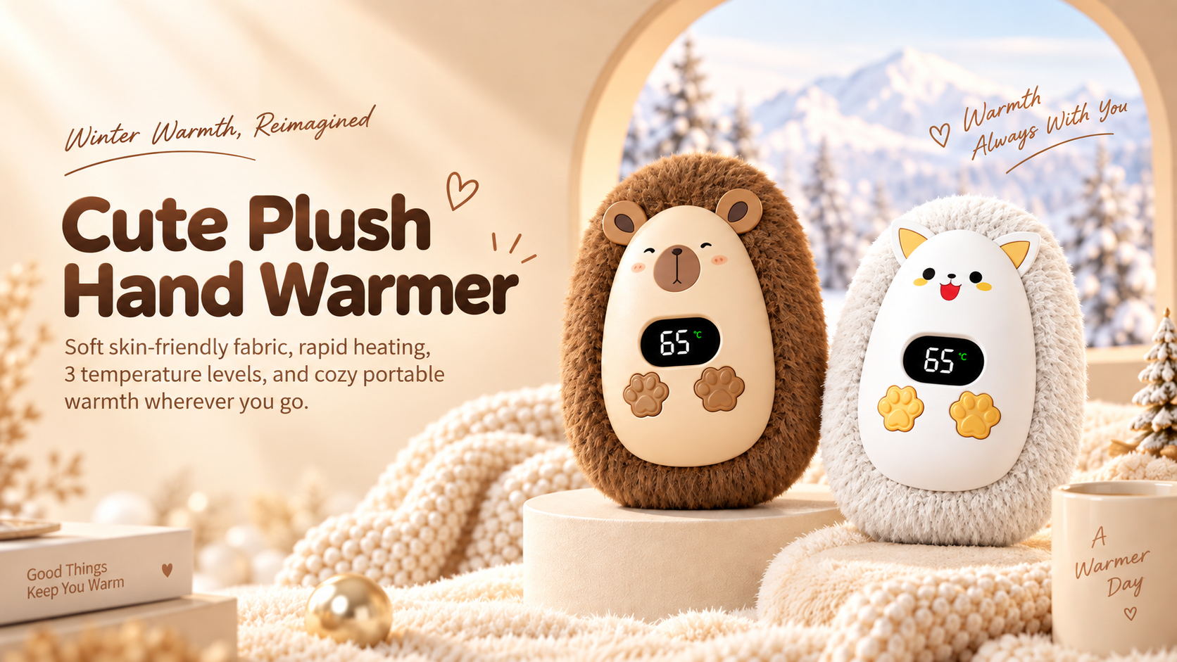 CozyPaw rechargeable plush hand warmer in Brown Bear and White Cat styles